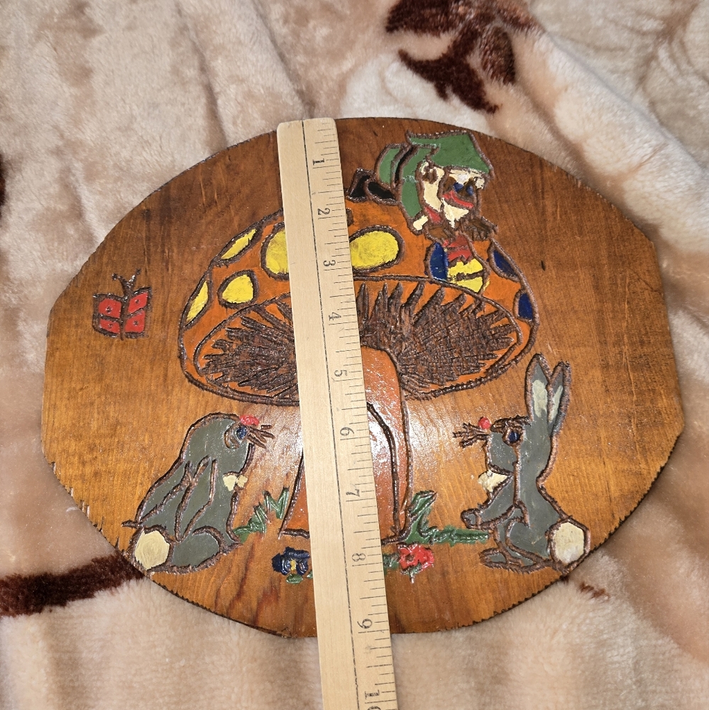 Vintage Hand Made Wooden Plaque with Mushroom and Animals Design - Picture 7 of 10
